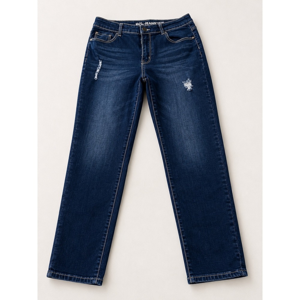 Gogo Jeans High Waist Ankle Straight Leg Distressed Dark Wash Denim Blue Womens